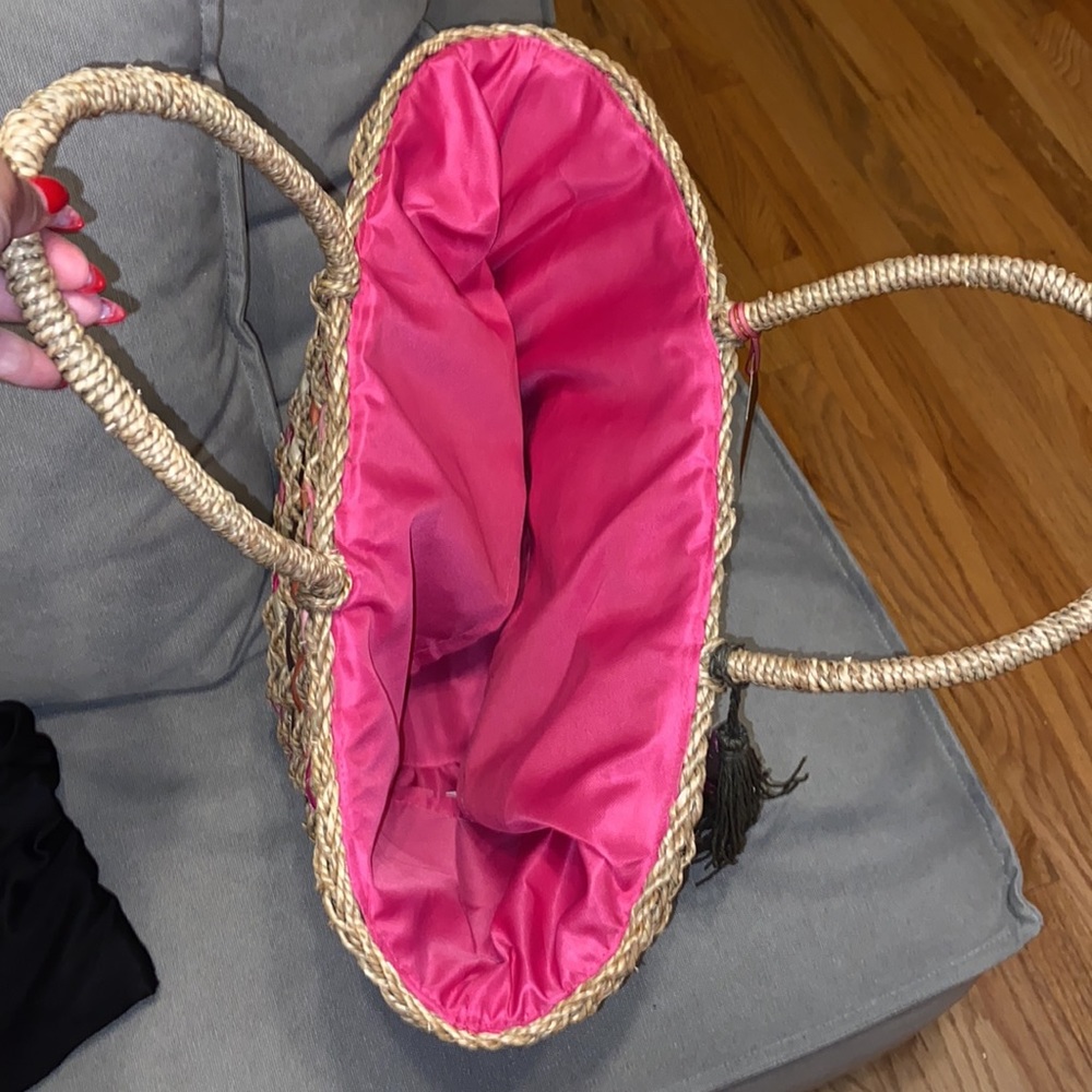 CYNTHIA ROWLEY Pink Multi Woven Beach/Picnic Drawstring Tote NWT $165 - Picture 5 of 9